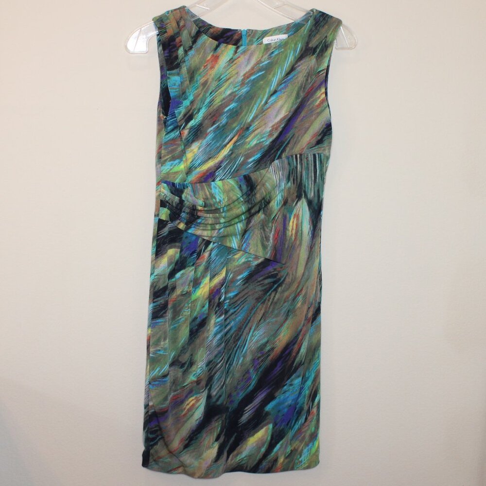 Calvin Klein Size 2 Petite sheath dress sleeveless abstract peacock multicolor
